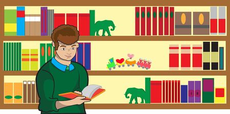 This illustration represents a bookseller while reading a book with a big library full of books.のイラスト素材