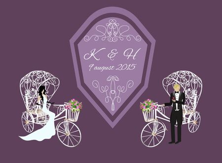 Vector invitation. Elegance vintage bride and groom on a white tricycle with flowersのイラスト素材