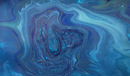 Blue and golden liquid texture, watercolor hand drawn marbling illustration, abstract background, aqua printの写真素材