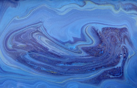 Blue and golden liquid texture, watercolor hand drawn marbling illustration, abstract background, aqua printの写真素材