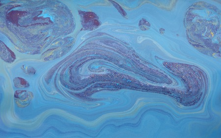 Blue and golden liquid texture, watercolor hand drawn marbling illustration, abstract background, aqua printの写真素材