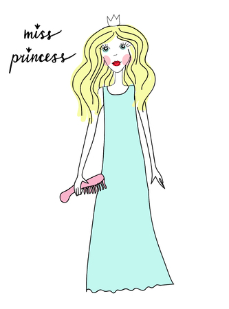 Sketch princess in blue dress. Girl with a crown brushing her hairのイラスト素材