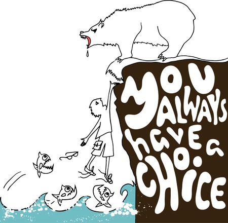 drawing man hanging on a cliff with artwork inscription: you always have a choice. motivational poster. Black and white background.のイラスト素材