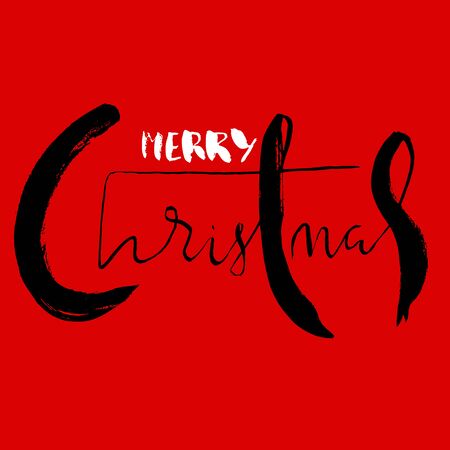 White and black Merry Christmas vector calligraphy lettering sign on red background. Handwritting inspirationのイラスト素材