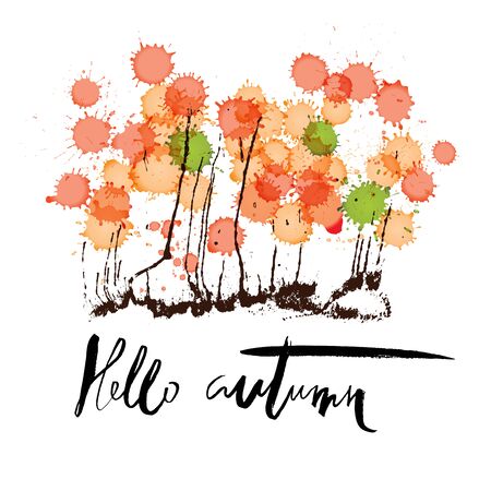 Hello autumn. Hand drawn lettering on colorful watercolor blots background. Ink drops textureのイラスト素材