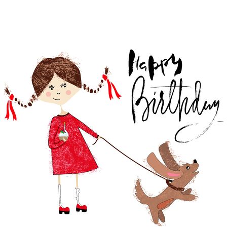 Greeting card for birthday with girl and dog on white background. Typography poster. Handwritten inspirationのイラスト素材