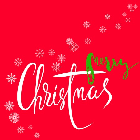 Elegant Red and Green Christmas Snowflakes Card. Merry Christmas lettering. .のイラスト素材