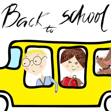 Kids riding on school bus. Handwritten lettering. Back to schoolのイラスト素材