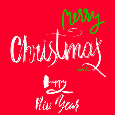 Merry Christmas and Happy New Year Handdrawn Lettering on Red Background.のイラスト素材