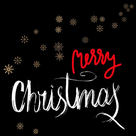 Merry Christmas red and white lettering design on black background with golden snowflakes. Vector illustration. Snowflakes background. 10のイラスト素材