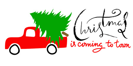Red car carries Christmas spruce. Merry Christmas Lettering. EPS10のイラスト素材