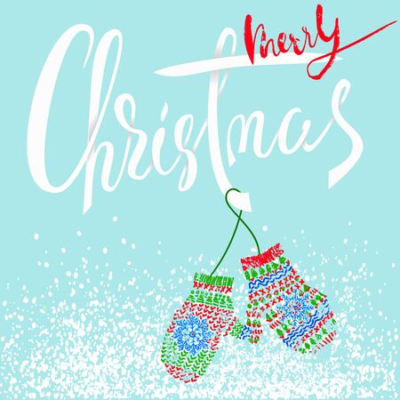 Merry Christmas. Modern calligraphy for Christmas cards and posters. Vector lettering with cute mitten pair. EPS10のイラスト素材