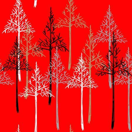 Abstract spruce tree forest background. Christmas seamless pattern on red background.のイラスト素材
