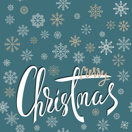 Merry Christmas gold lettering design on blue background with snowflakes. Vector illustration. Snowflakes background.のイラスト素材