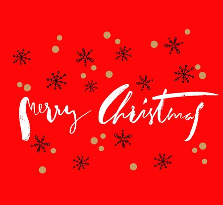 Gold textured handwritten calligraphic inscription Merry Christmas with pattern of golden confetti. Design element for banner, card, invitation, postcard, template, vignette etc. Vector illustration.のイラスト素材