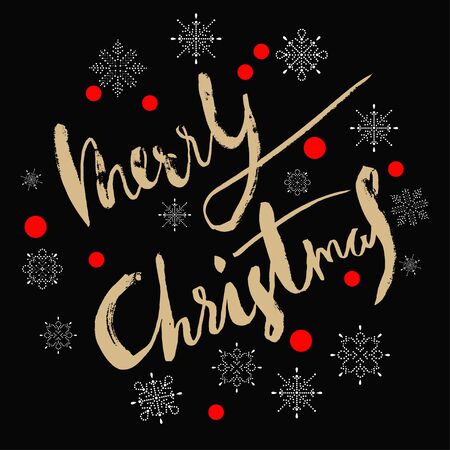 Gold textured handwritten calligraphic inscription Merry Christmas with pattern of golden confetti. Design element for banner, card, invitation, postcard, template, vignette etc. Vector illustration.の写真素材