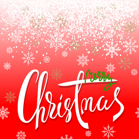 Merry Christmas handwritten lettering design with white snowflakes on red background. Christmas card.Vector illustration.のイラスト素材