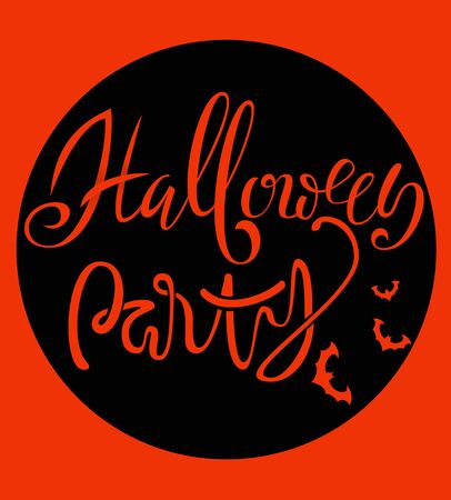 Happy Halloween handwritten lettering composition with bats silhouette. Celebration october vector illustration with moon.のイラスト素材