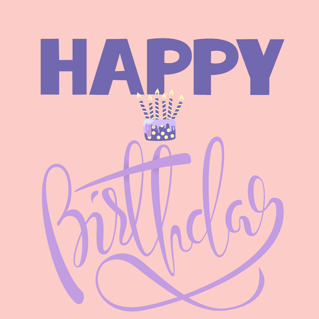 Happy birthday card with cake and candles. Vector birthday lettering on pink background.のイラスト素材
