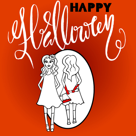 Pretty girl with an ax reflected in a mirror. Halloween party. Beautiful girl with her hands in the blood. Vector letteringのイラスト素材