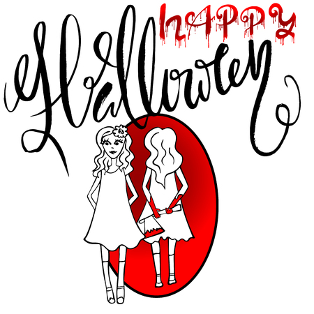 Pretty girl with an ax reflected in a mirror. Halloween party. Beautiful girl with her hands in the blood. Vector letteringのイラスト素材
