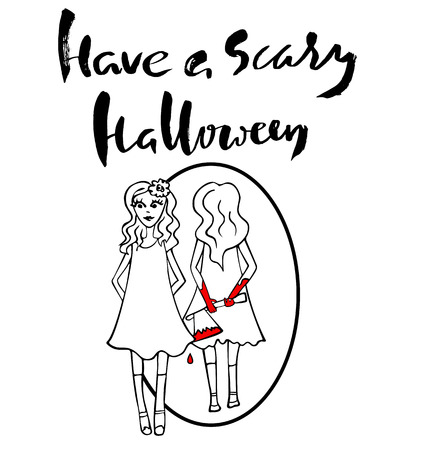 Pretty girl with an ax reflected in a mirror. Halloween party. Beautiful girl with her hands in the blood. Vector letteringのイラスト素材