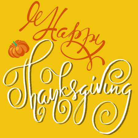 Happy Thanksgiving Day hand-lettering text. Handmade vector calligraphy on orange backgroundのイラスト素材