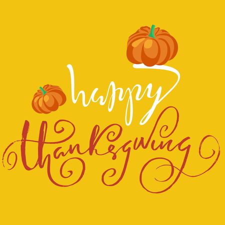 Happy Thanksgiving Day hand-lettering text. Handmade vector calligraphy on orange backgroundのイラスト素材