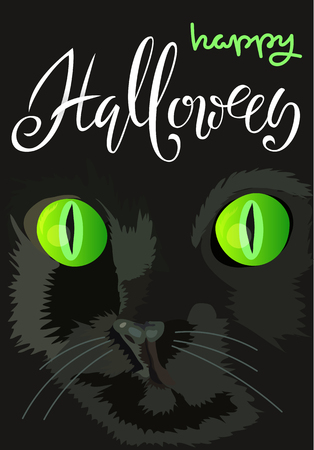 Halloween black cat with green eyes. Halloween handwritten lettering. Vector illustration.のイラスト素材