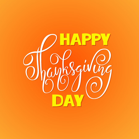 Happy Thanksgiving Day hand-lettering text. Handmade vector calligraphy on orange backgroundのイラスト素材