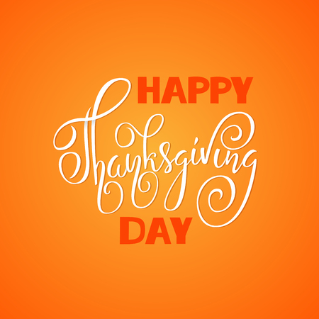 Happy Thanksgiving Day hand drawn lettering. Handmade vector calligraphy on orange backgroundのイラスト素材