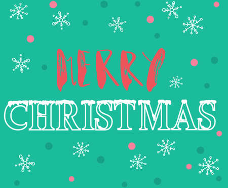 Merry Christmas hand lettering. Handmade calligraphy on green snowflakes background. Christmas style font. Vector illustration. Grunge handdrawn fontのイラスト素材