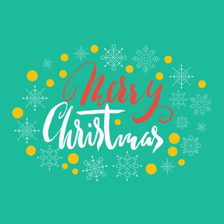 Merry Christmas hand lettering. Handmade calligraphy on green snowflakes background. Christmas style font. Vector illustration. Grunge handdrawn fontのイラスト素材