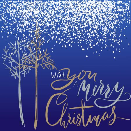 Christmas tree silhouette, design for greeting card. Vector hand drawn lettering for design. Gold and silver Christmas lettering.のイラスト素材