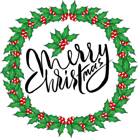 Greeting card with a Christmas wreaths and Merry Christmas message. Christmas lettering.のイラスト素材