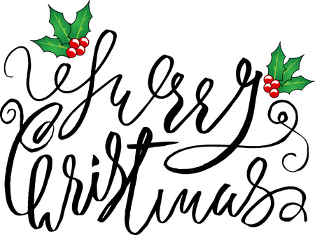 Greeting card with a Christmas holly berries and Merry Christmas message. Christmas lettering.のイラスト素材