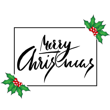 Greeting card with a holly berries and Merry Christmas message. Christmas lettering.のイラスト素材