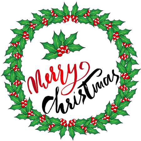 Greeting card with a Christmas wreaths and Merry Christmas message. Christmas lettering.のイラスト素材