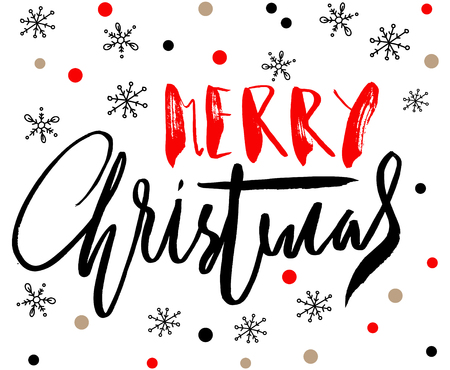 Red and black handwritten calligraphic inscription Merry Christmas with pattern of red and gold confetti and snowflakes.のイラスト素材