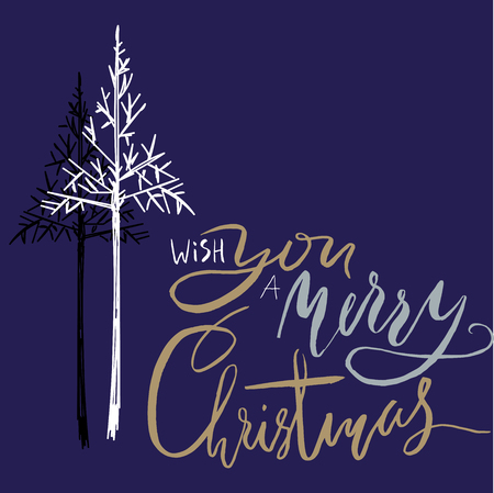 Christmas tree silhouette, design for greeting card. Vector hand drawn illustration for design. Christmas lettering.のイラスト素材