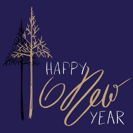 Christmas tree silhouette, design for greeting card. Vector hand drawn lettering for design. Gold Happy New Year lettering.のイラスト素材