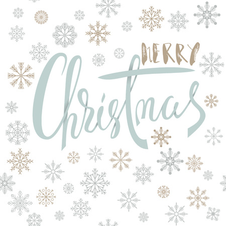 Merry Christmas handwritten lettering design with gold and silver snowflakes on white background. Vector illustration. Snowflakes backgroundのイラスト素材