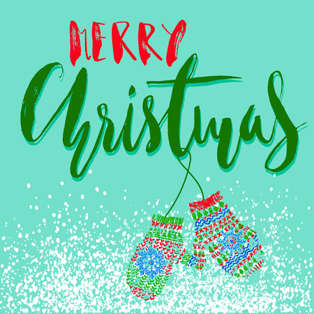 Merry Christmas. Modern calligraphy for Christmas cards and posters. Vector lettering with cute mitten pair.のイラスト素材