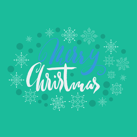 Merry Christmas hand lettering. Handmade calligraphy on green snowflakes background. Vector illustration. Grunge handdrawn fontのイラスト素材