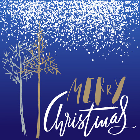 Christmas tree silhouette, design for greeting card. Vector hand drawn illustration for design. Christmas lettering.のイラスト素材
