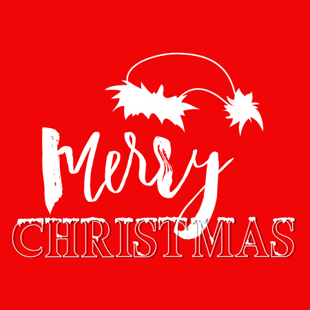 White hand drawn grunge lettering and christmas style font on red background. Silhouette of Santa Claus hat.のイラスト素材