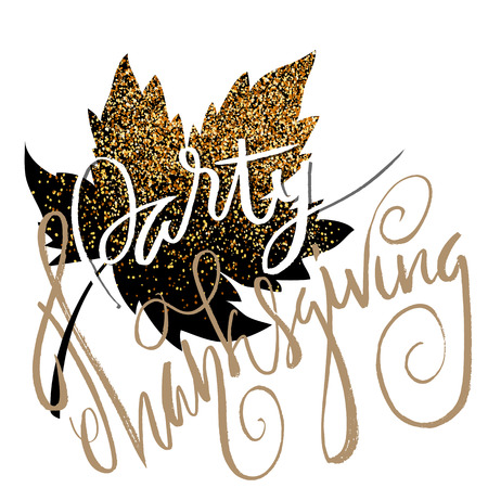 Happy Thanksgiving Day gold hand lettering on white background greeting card. Gold glitter leaf.のイラスト素材