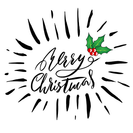 Greeting card with a holly berries and Merry Christmas message. Christmas lettering.のイラスト素材