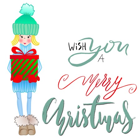 Girl holding a gift box with handwritten inspiration. Wish you a merry Christmas and happy new year lettering.のイラスト素材