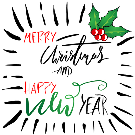 Greeting card with a holly berries and Merry Christmas message. Christmas lettering. Vector illustration.のイラスト素材